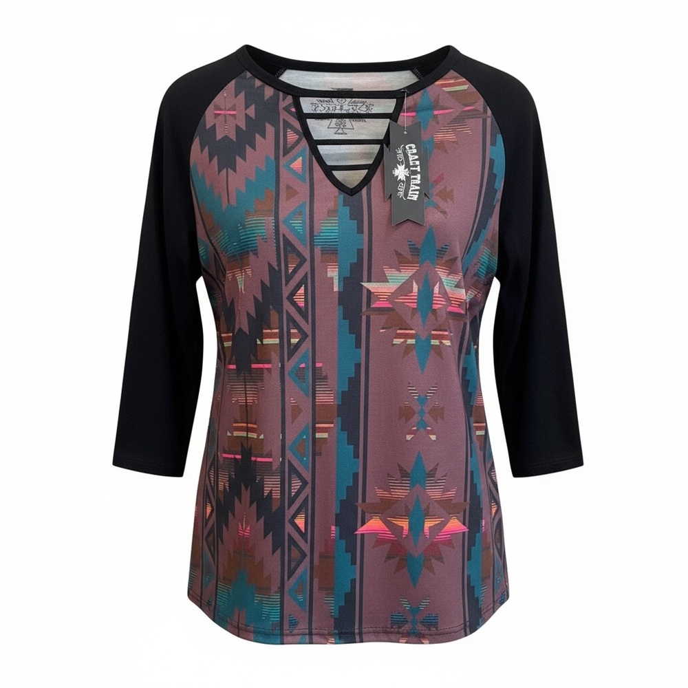 Crazy Train Black and Multicolor Aztec Top
Size Small